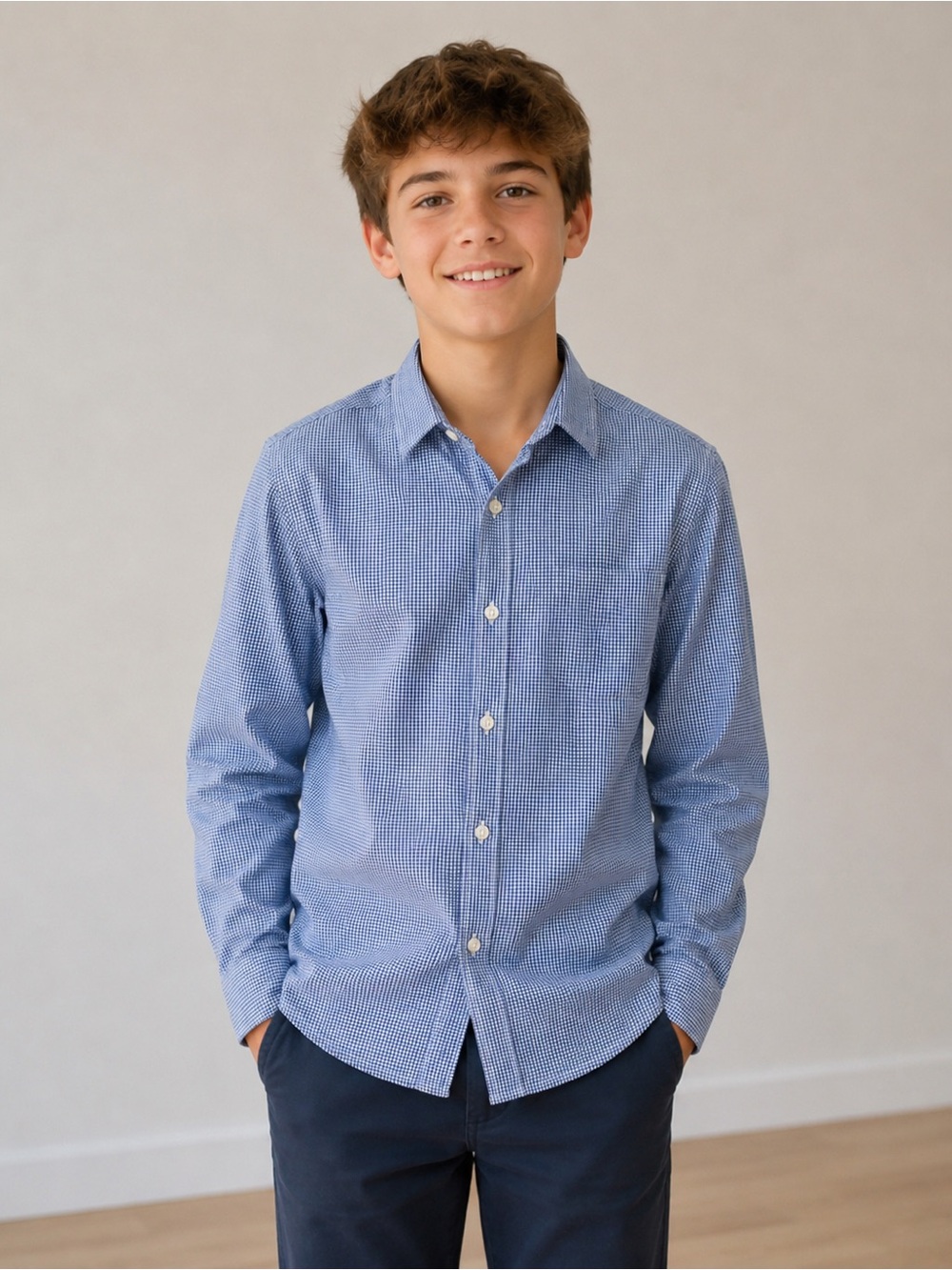 J Crew Crewcuts Thompson Boys' Blue Button-Down Gingham Long-Sleeve Shirt Sz 14